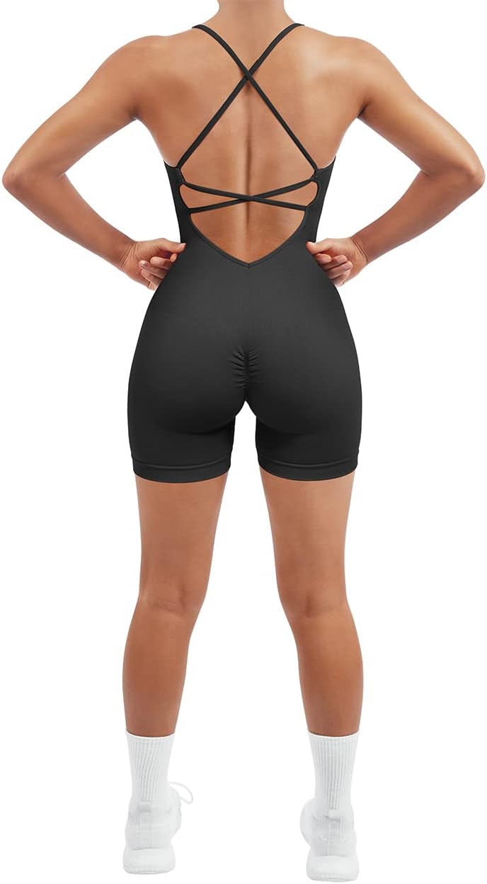 SUUKSESS Women Strappy Romper Seamless Jumpsuit Tummy Control Padded Sports Bra