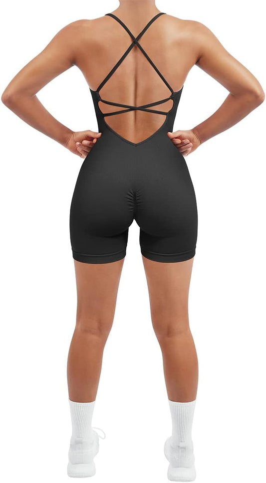SUUKSESS Women Strappy Romper Seamless Jumpsuit Tummy Control Padded Sports Bra