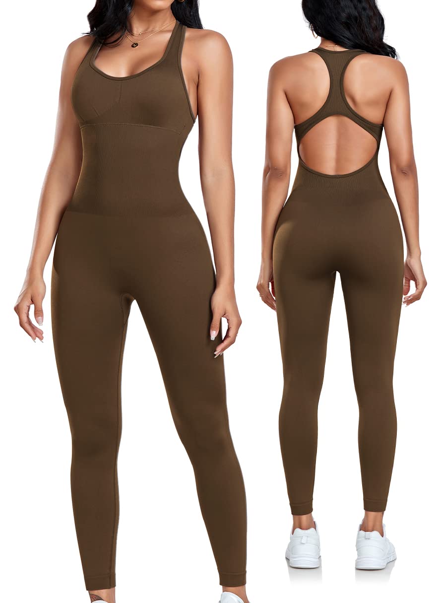 OLCHEE Womens Workout Jumpsuits Seamless Yoga Gym Bodycon Rompers Sexy Racerback Tummy Control Padded Bra Unitard