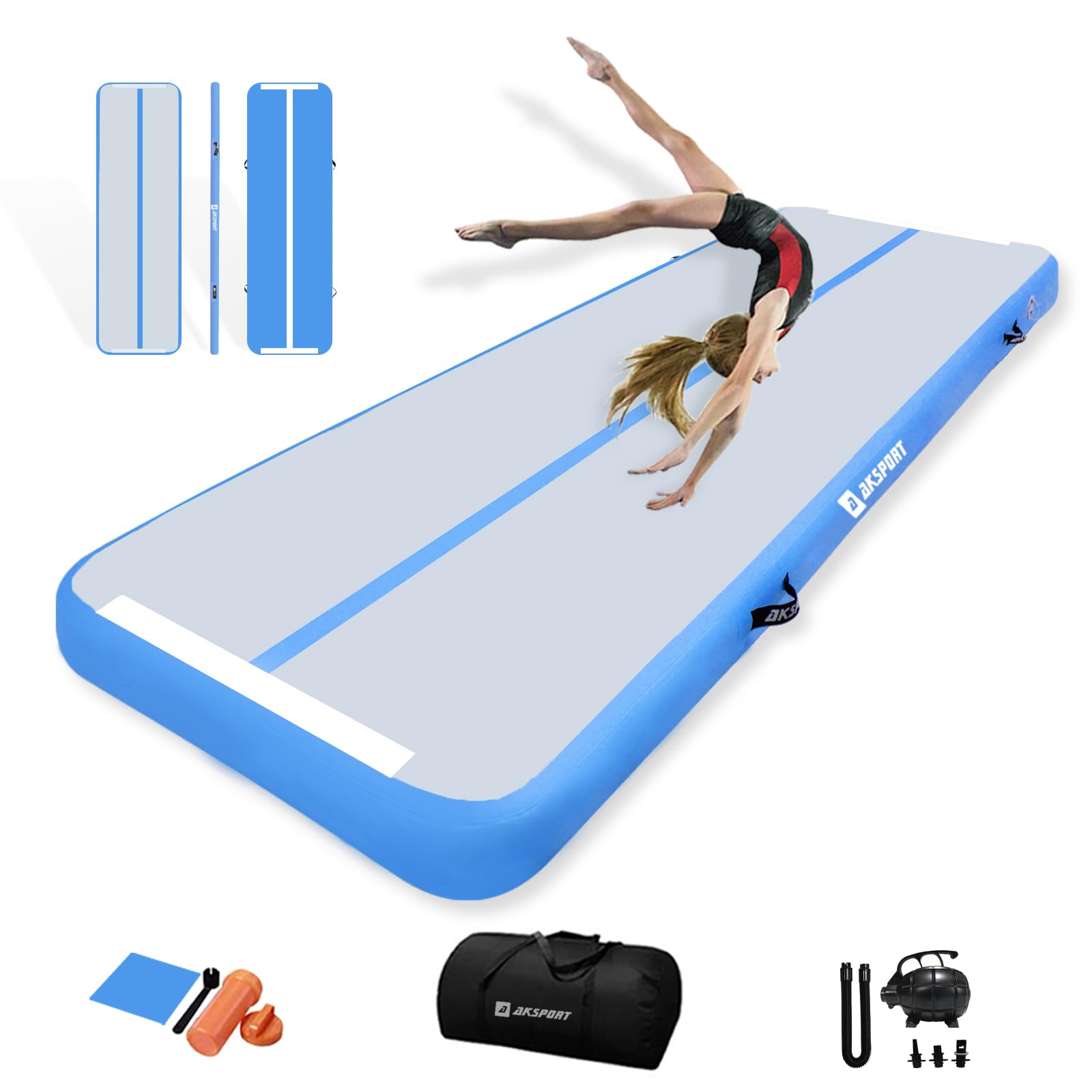 AKSPORT Gymnastics Air Mat Tumble Track Tumbling Mat Inflatable Floor Mats with Air Pump for Home Use/Tumble/Gym/Training/Cheerleading/Parkour/Beach/Park/Water