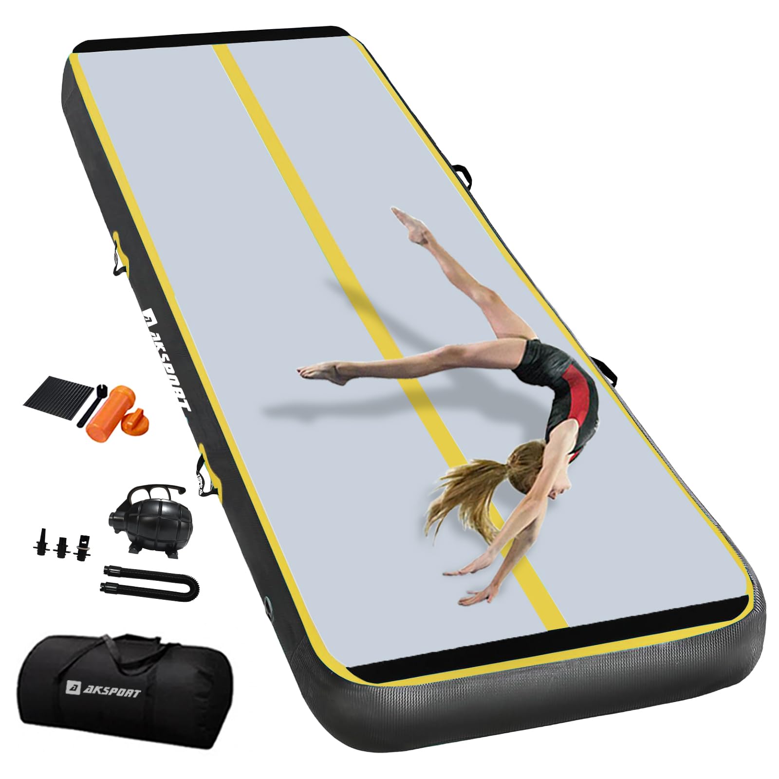 AKSPORT Gymnastics Air Mat Tumble Track Tumbling Mat Inflatable Floor Mats with Air Pump for Home Use/Tumble/Gym/Training/Cheerleading/Parkour/Beach/Park/Water