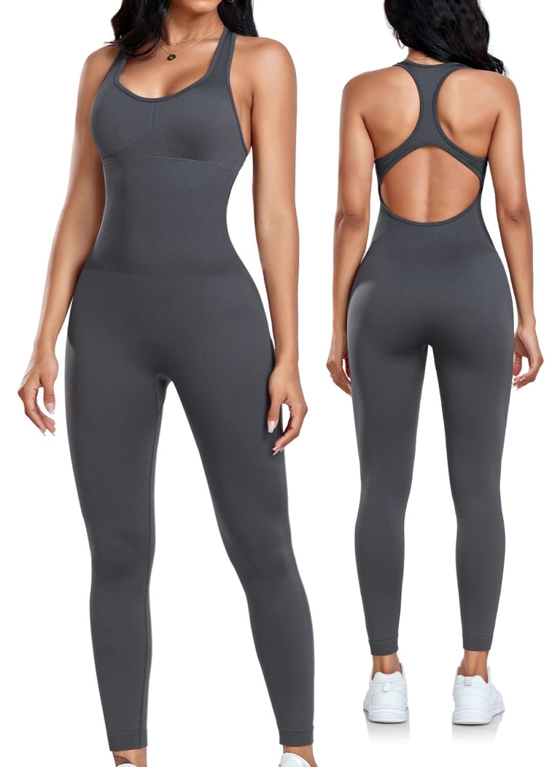 OLCHEE Womens Workout Jumpsuits Seamless Yoga Gym Bodycon Rompers Sexy Racerback Tummy Control Padded Bra Unitard