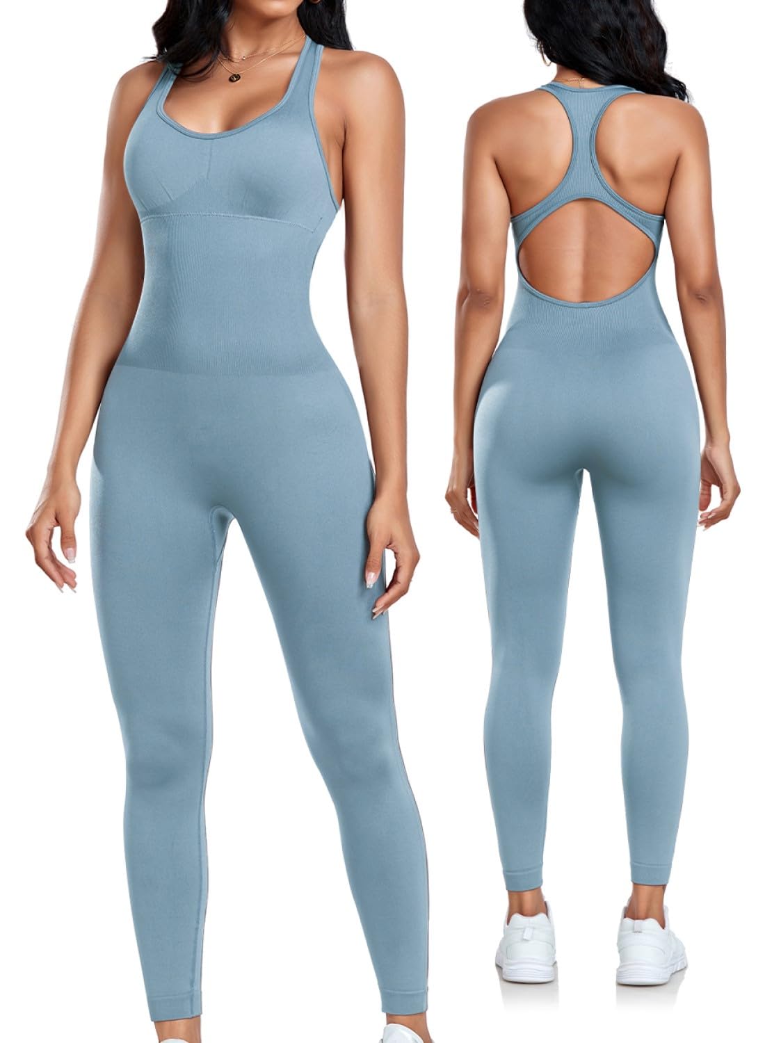 OLCHEE Womens Workout Jumpsuits Seamless Yoga Gym Bodycon Rompers Sexy Racerback Tummy Control Padded Bra Unitard