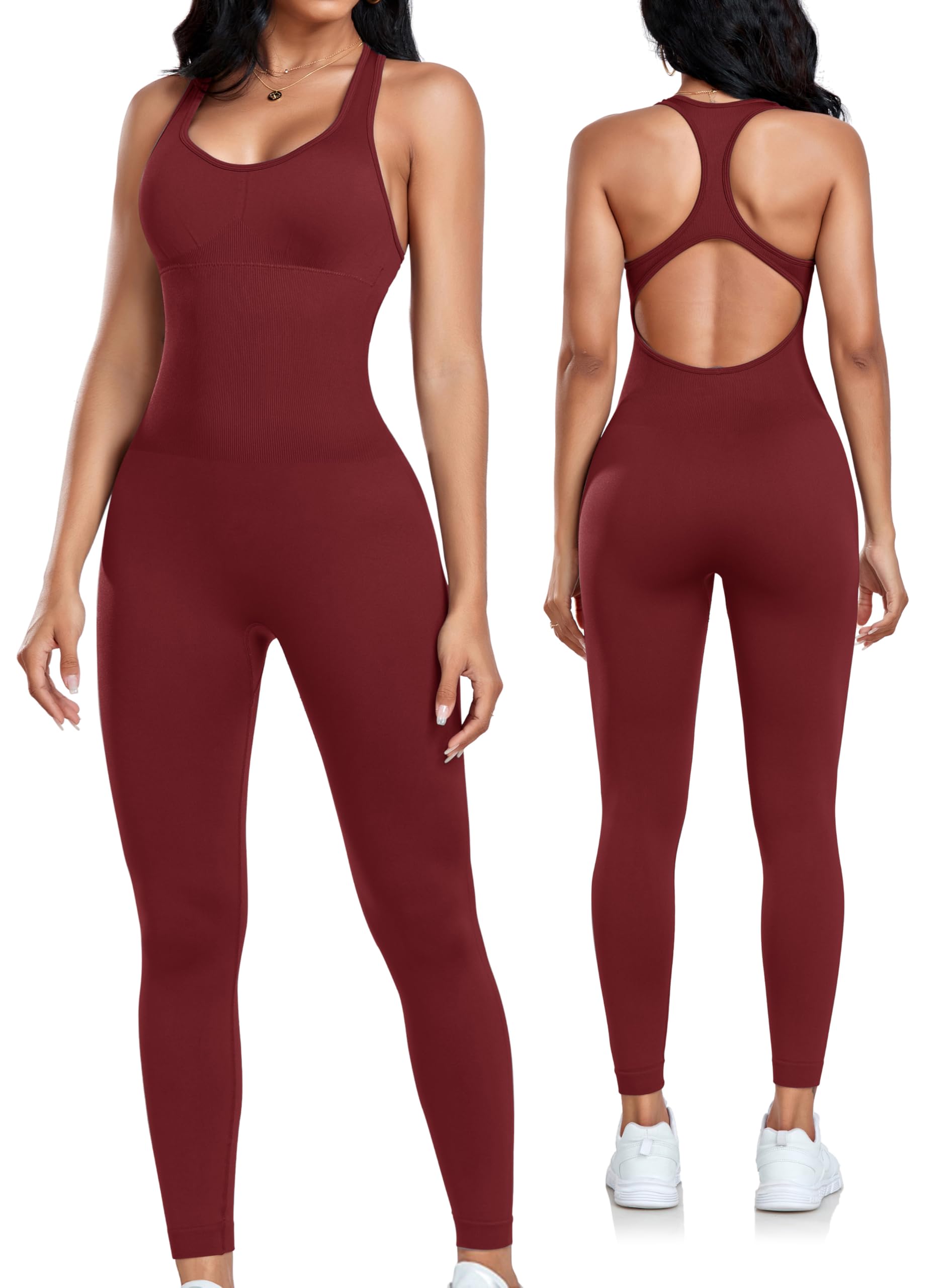 OLCHEE Womens Workout Jumpsuits Seamless Yoga Gym Bodycon Rompers Sexy Racerback Tummy Control Padded Bra Unitard